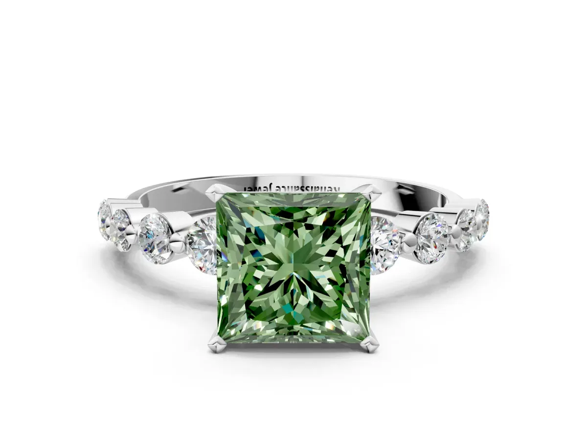 Fancy Green Princess Cut Solitaire Diamond Ring with Pave Band and Four-Prong Setting Silver