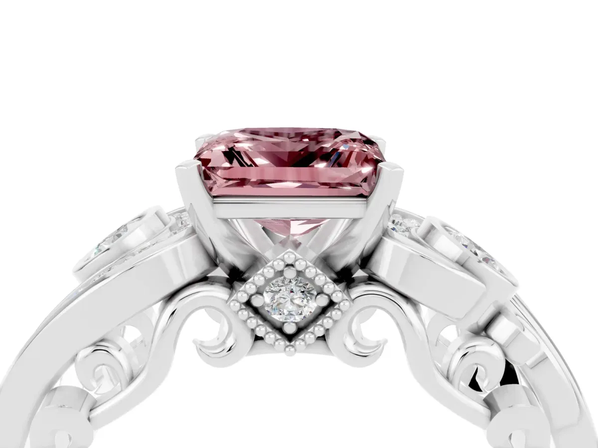 Princess Cut Morganite Solitaire Ring with Milgrain Pavé Band and Four-Prong Setting Silver