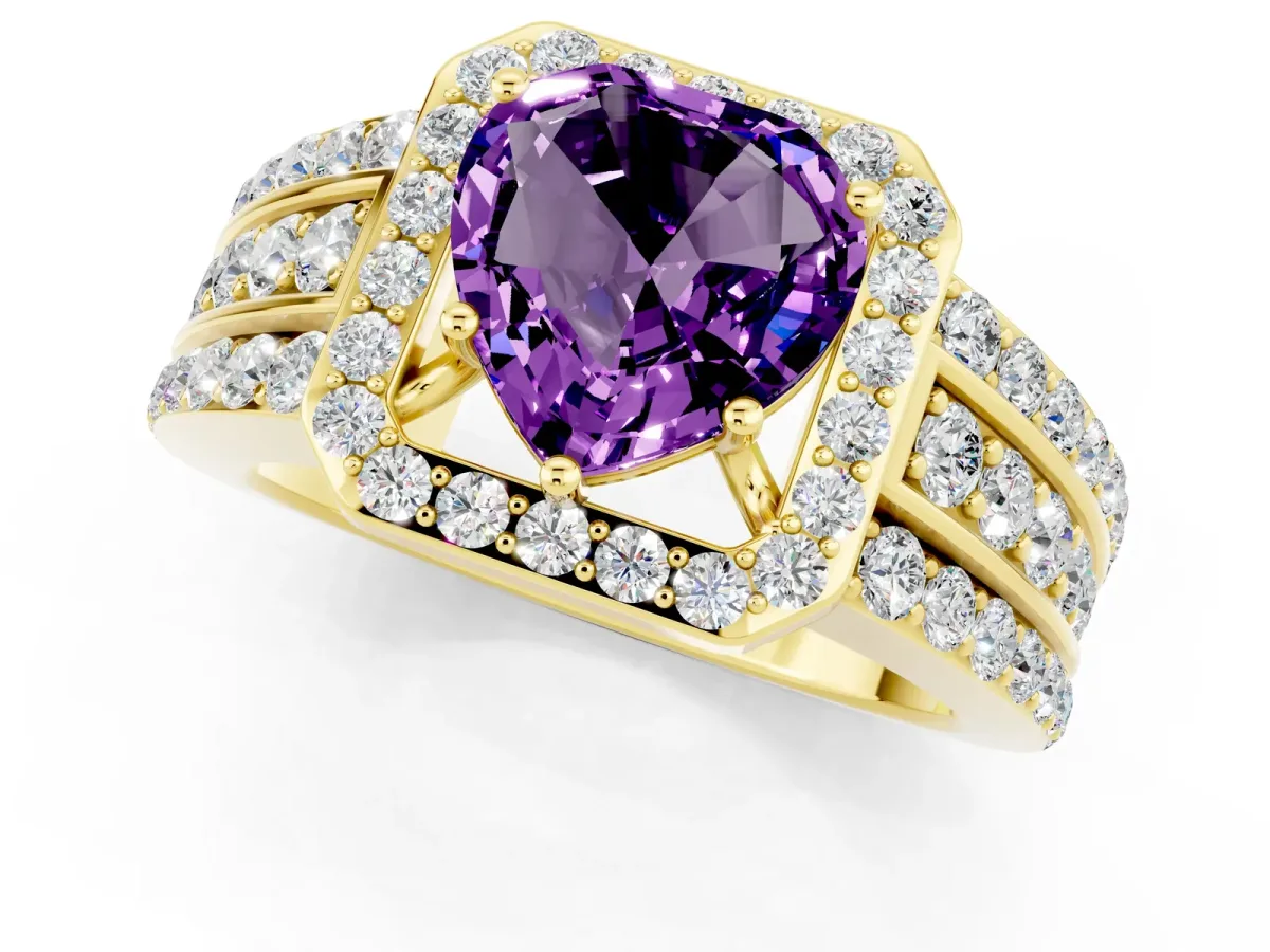 Heart Cut Halo Amethyst Ring with Round Split Shank and Prong Setting Yellow gold