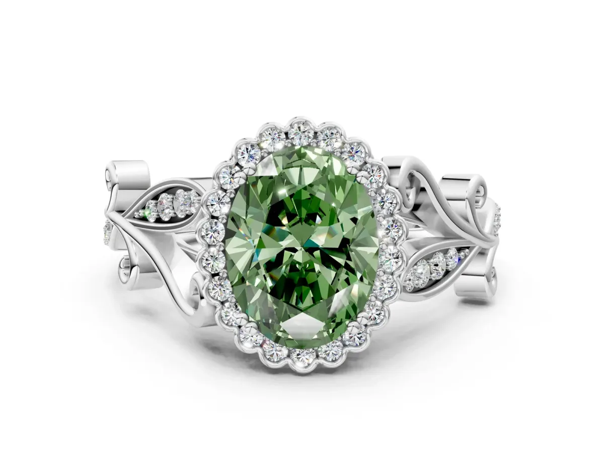 Fancy Green Oval Cut Diamond Halo Ring with Vintage Split Shank and Four-Prong Setting Silver