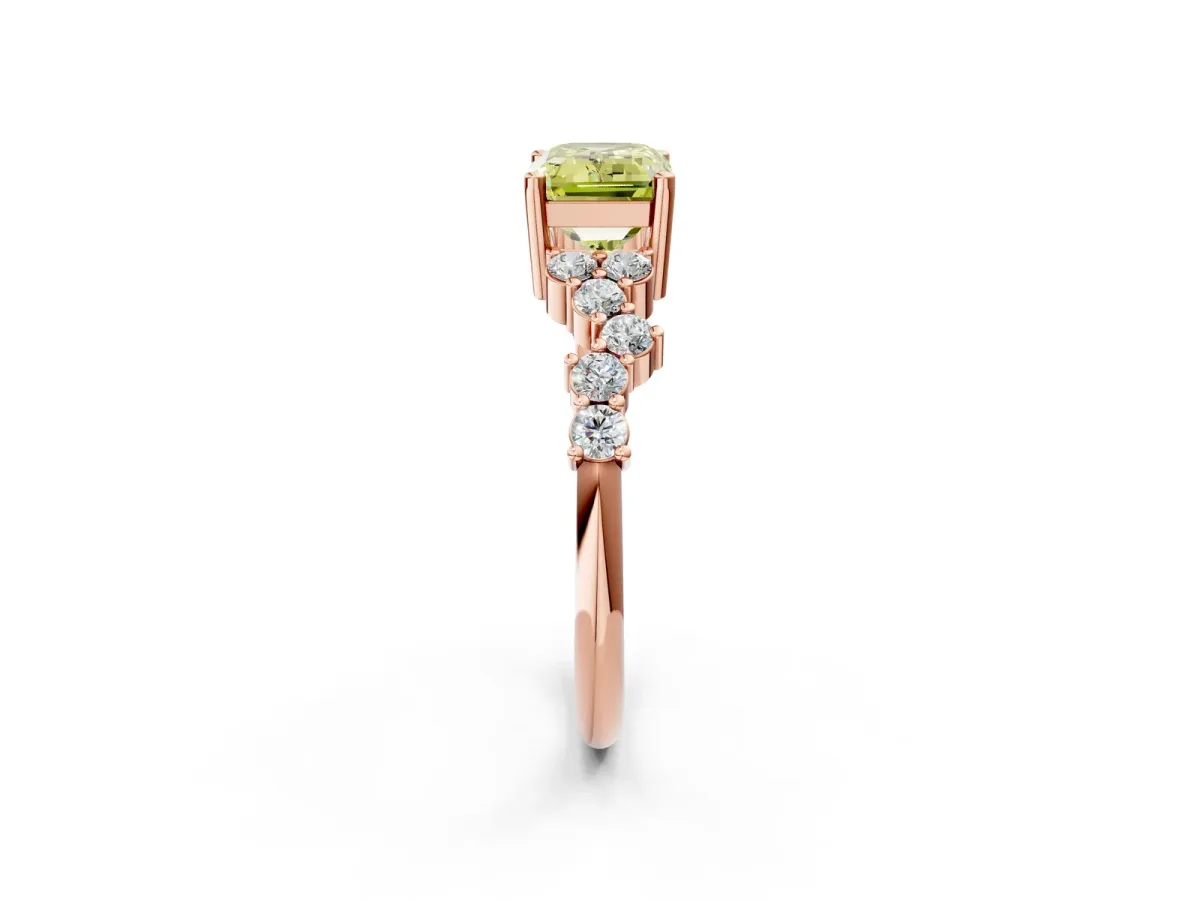 Fancy Yellow Emerald Cut Diamond Scattered Round Accent Ring with Prong Setting Rose gold