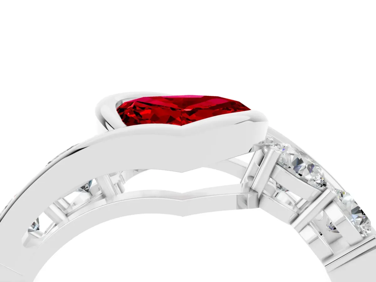 Bezel Set Heart Cut Ruby Bypass Ring with Round Accents Platinum