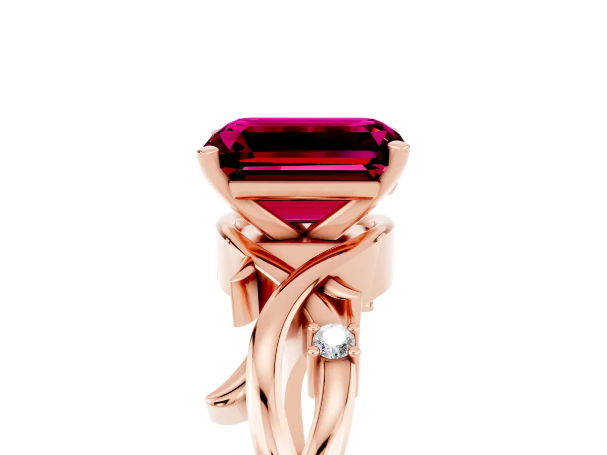 Emerald Cut Garnet Solitaire Ring with Twisted Band and Prong Setting Rose gold