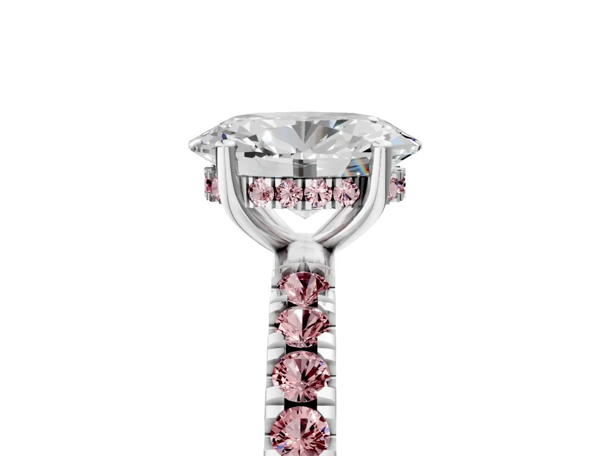 Oval Cut Diamond Pave Band Solitaire Ring with Round Morganite and Prong Setting Platinum