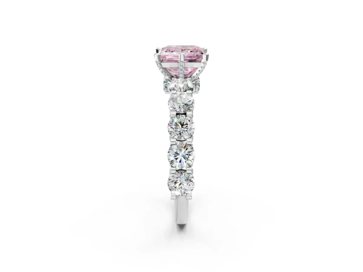 Fancy Pink Princess Cut Diamond Side Stone Engagement Ring with Four-Prong Setting White gold