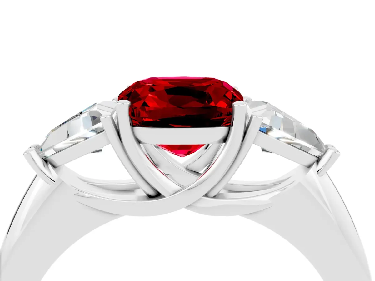 Three-Stone Cushion Cut Ruby Engagement Ring with Trillion Side Stones and Prong Setting White gold