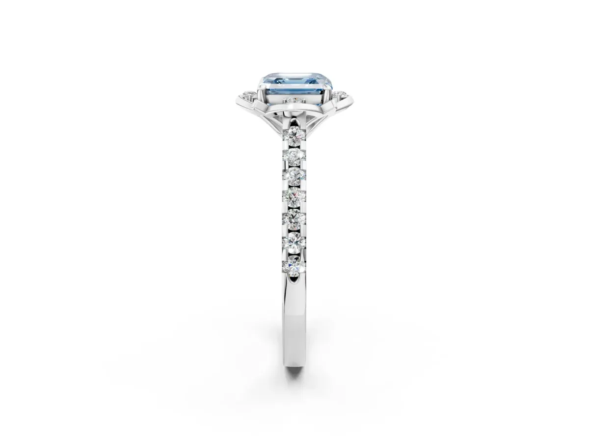 Fancy Blue Asscher Cut Diamond Ring with Pavé Band and Floral Prong Setting Platinum