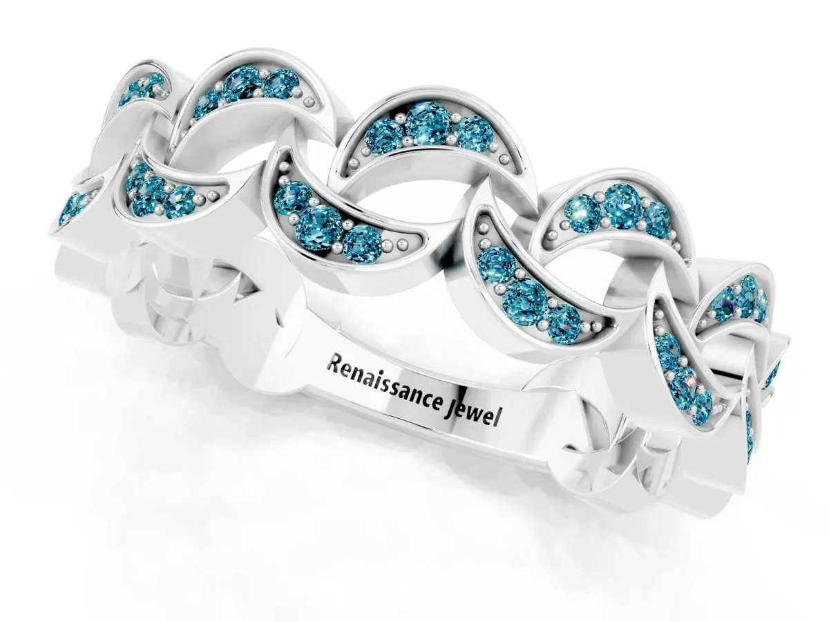 Pavé Round Blue Topaz Interlocking Eternity Band with Bezel Prong Setting Platinum