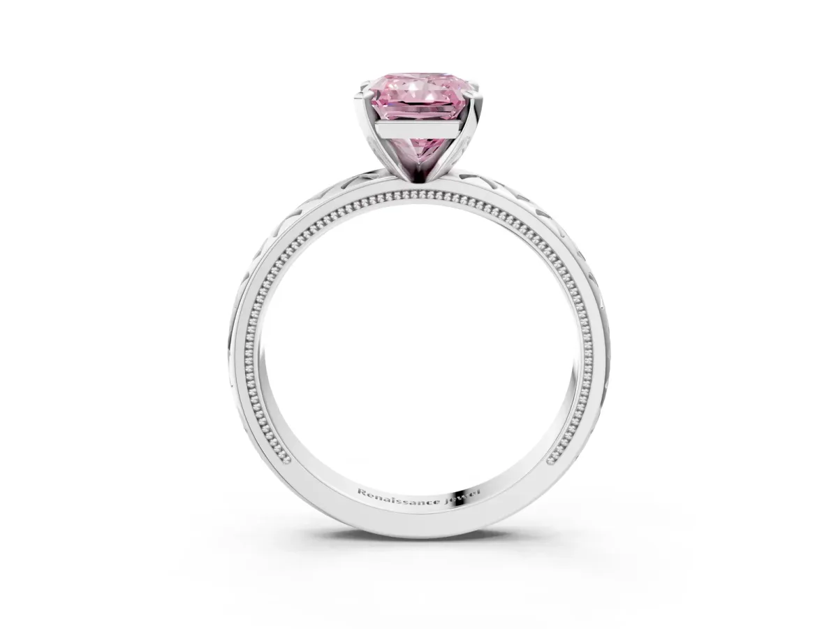 Fancy Pink Radiant Cut Solitaire Diamond Ring with Milgrain and Black Enamel X Pattern Band Platinum