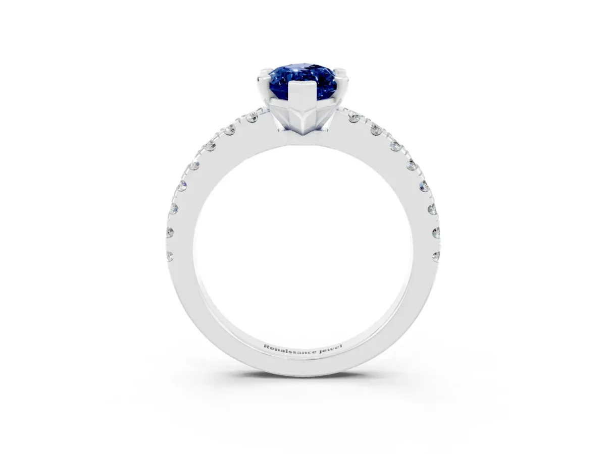 Marquise Cut Solitaire Blue Sapphire with Pavé Band and Four-Prong Setting Silver