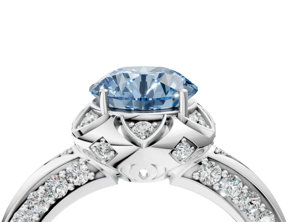 Fancy Blue Round Cut Halo Split Shank Pave Diamond Ring with Petal Prong Setting Platinum