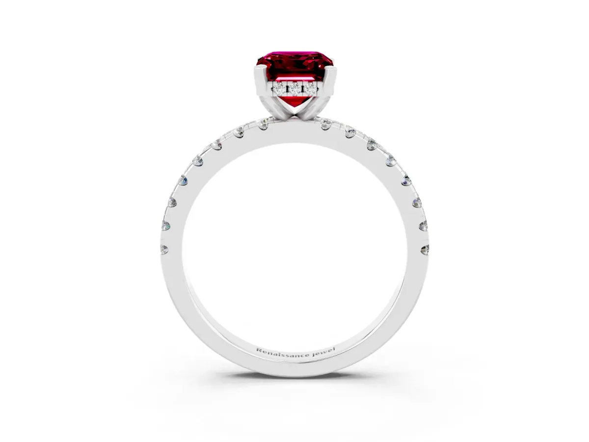 Emerald Cut Garnet Solitaire Ring with Round Pavé Band and Four-Prong Setting Silver