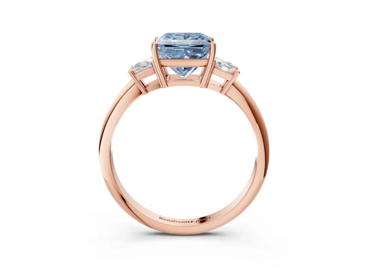 Fancy Blue Princess Cut Diamond Three-Stone Ring with Trapezoid Side Stones and Prong Setting Rose gold