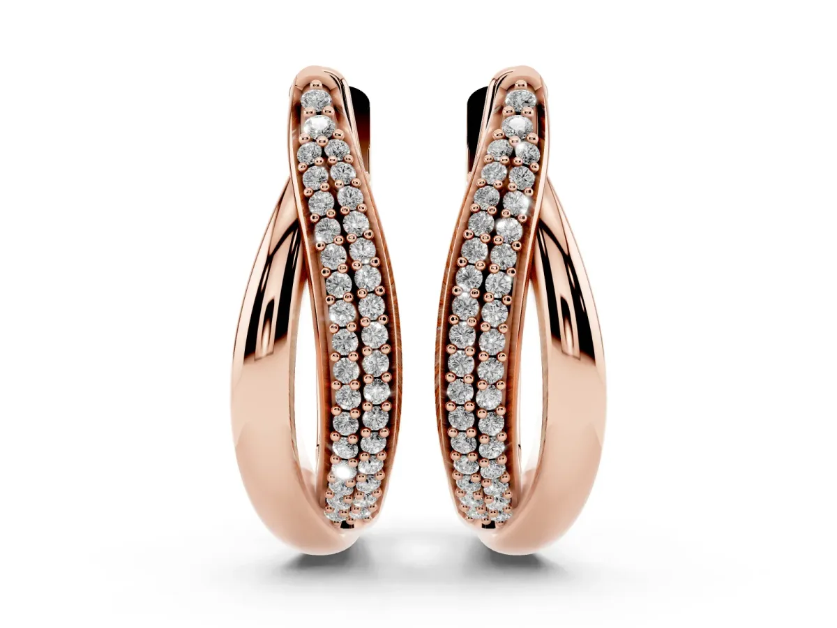 Round Diamond Double Row Huggie Hoop Earrings Rose gold