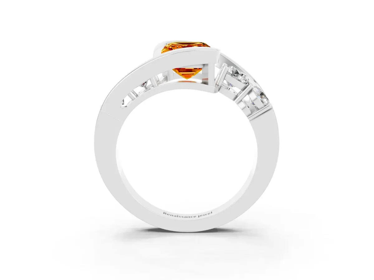 Bezel Set Emerald Cut Citrine Bypass Ring with Round Accents Platinum