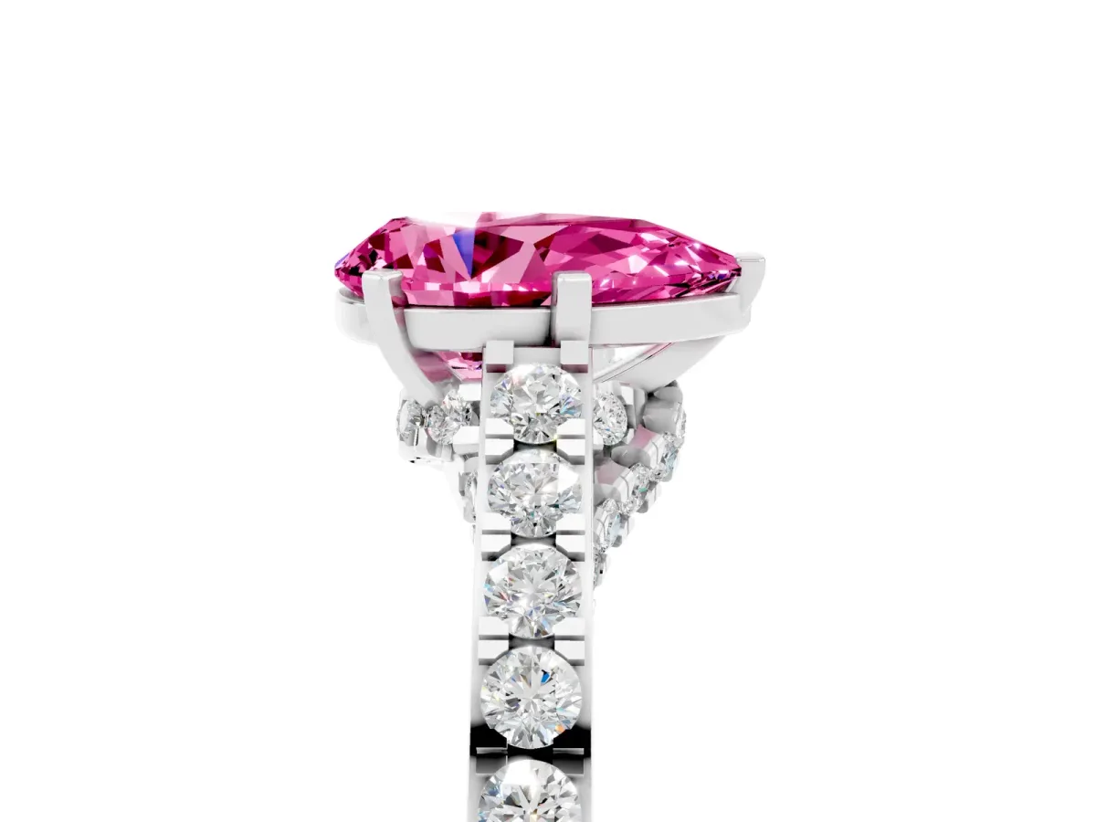 Pear Cut Pink Sapphire Solitaire Ring with Crossover Gallery and Round Pavé Band Silver