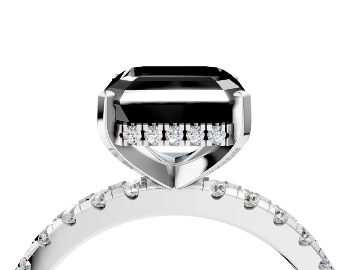 Fancy Black Asscher Cut Diamond Solitaire Ring with Round Pavé Band and Four-Prong Setting Silver