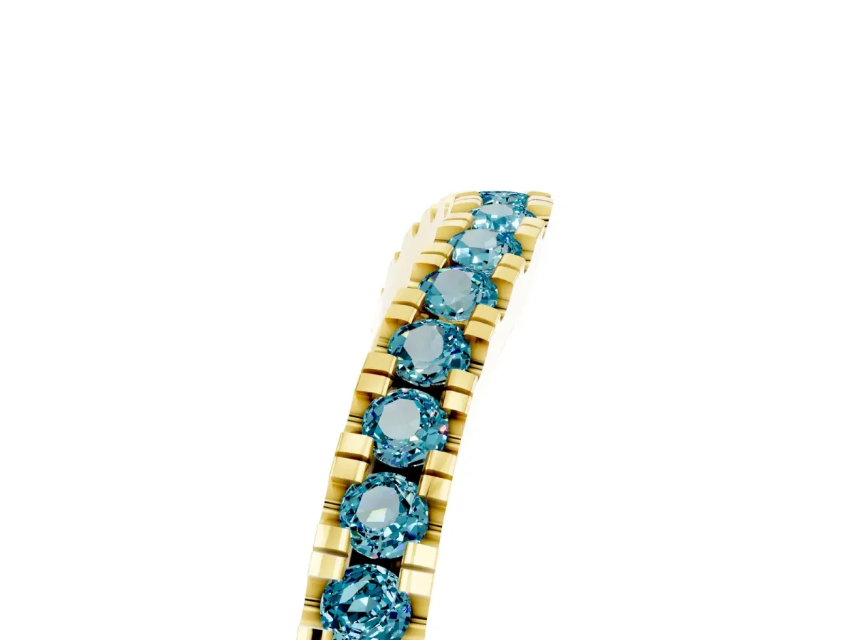 Round Blue Topaz Pavé Curved Band with Shared Prong Setting Yellow gold