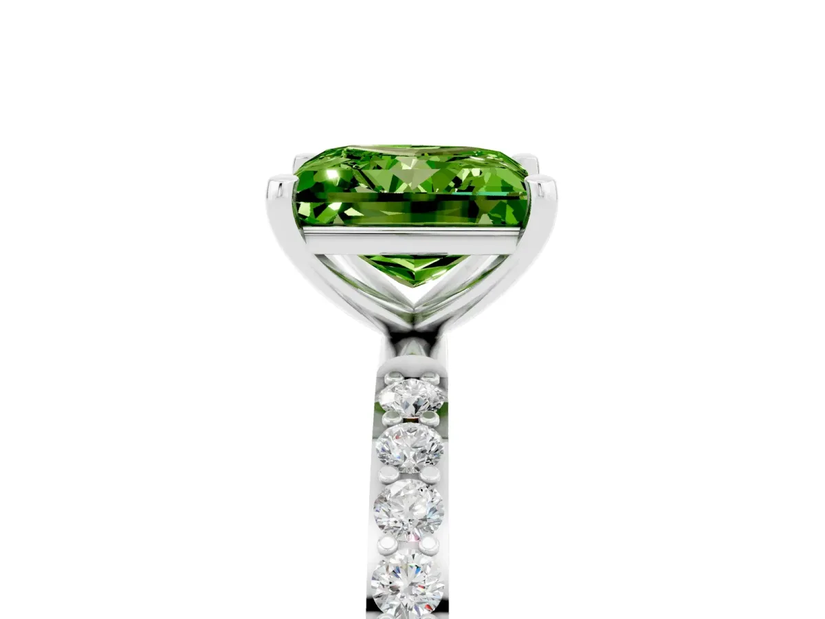 Princess Cut Peridot Solitaire Ring with Round Pavé Band and Prong Setting Silver