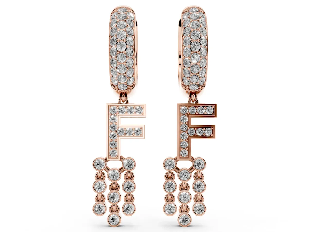 Round Diamond Initial F Huggie Hoop Earrings Rose gold