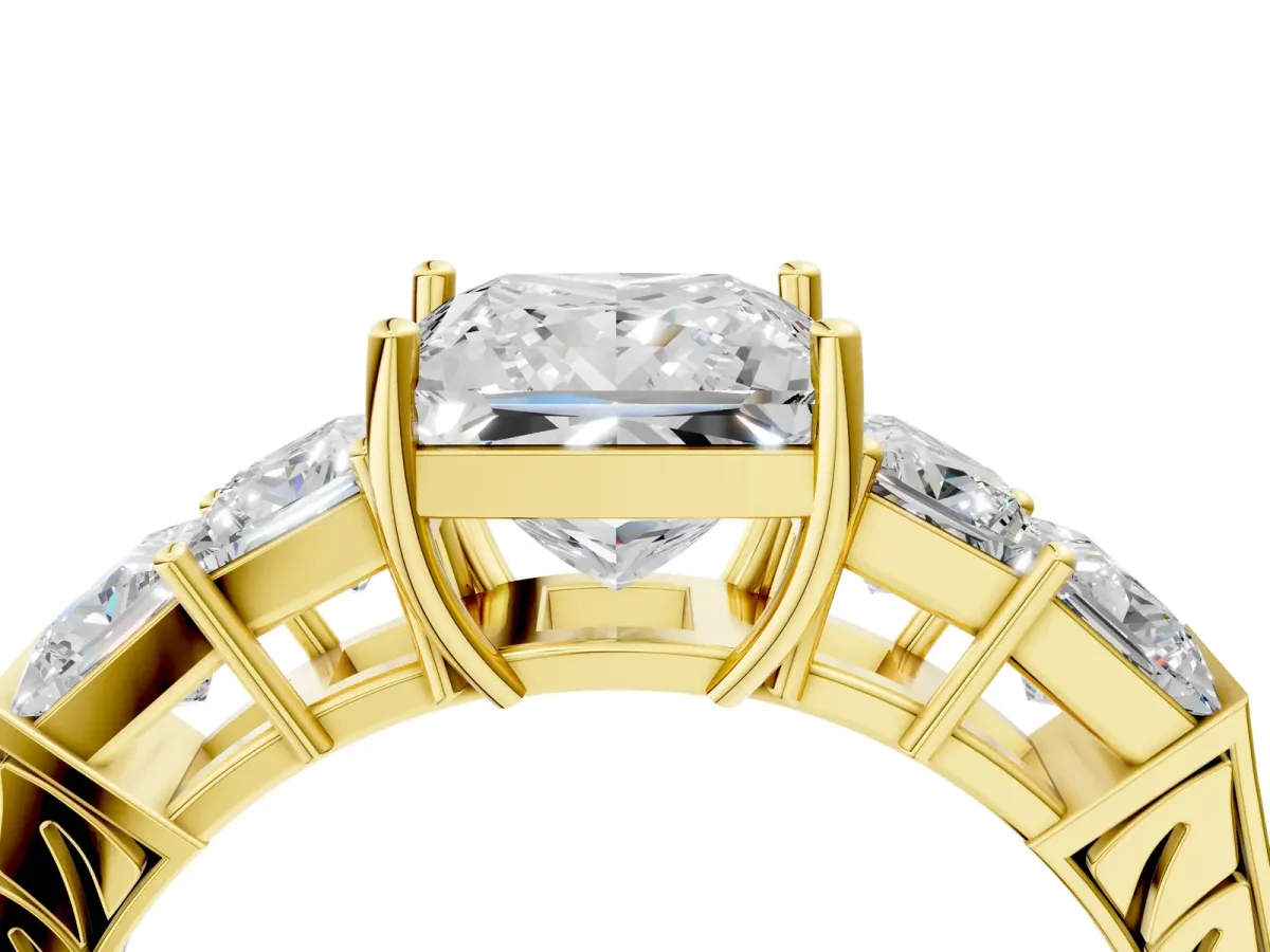 Princess Cut Solitaire Princess Side Stone Engraved Band Prong Setting Ring Yellow gold