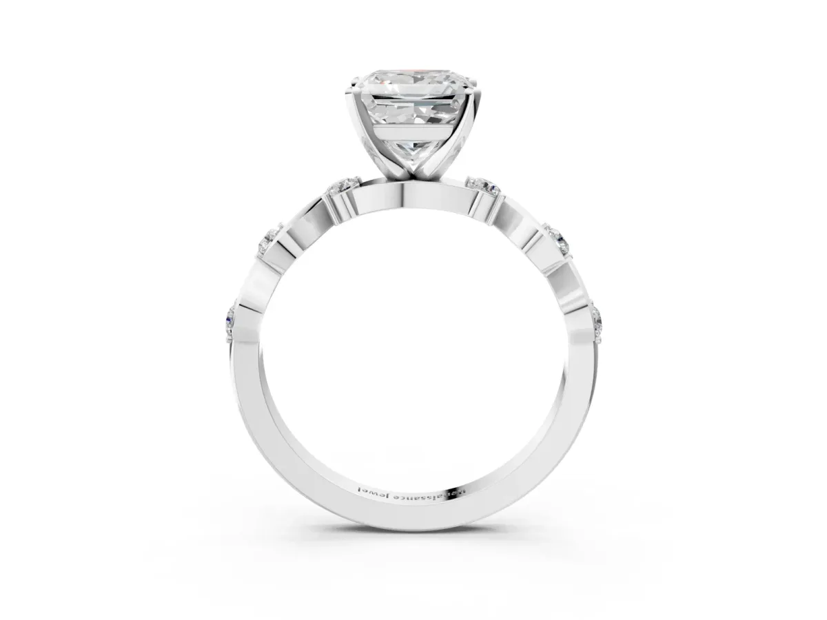 Princess Cut Diamond Solitaire Twisted Band with Round Accents and Prong Setting Silver