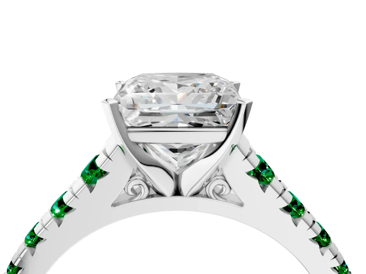 Princess Cut Diamond Cathedral Solitaire Ring with Round Emerald Pavé Band Silver
