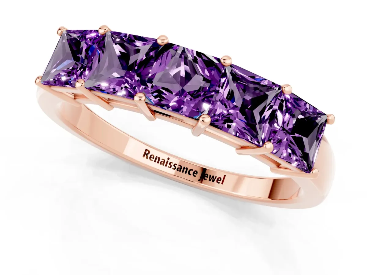 Princess Cut Five-Stone Amethyst Band with Prong Setting Rose gold
