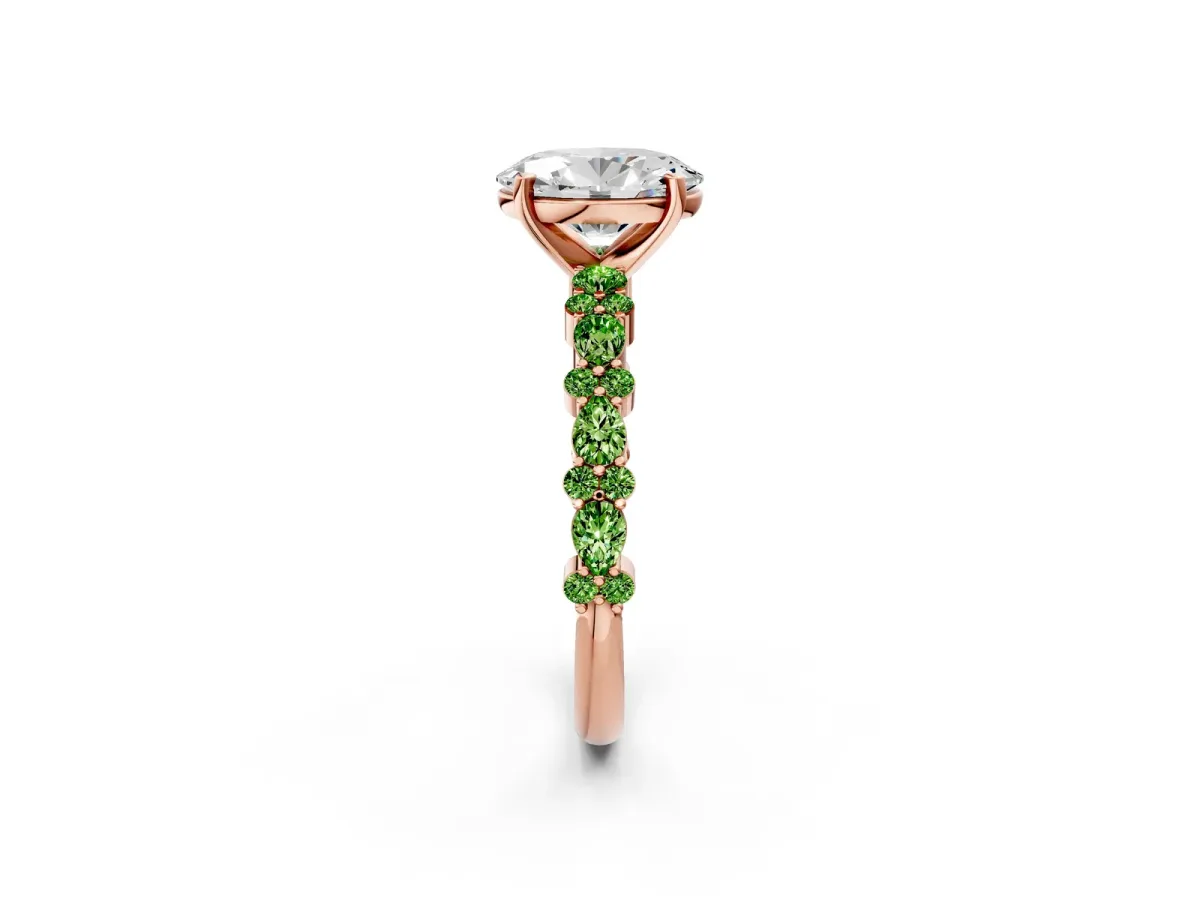 Oval Cut Diamond Side Stone Solitaire Ring with Round Peridot and Four-Prong Setting Rose gold