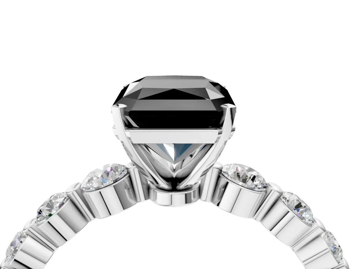 Fancy Black Radiant Cut Solitaire Diamond Ring with Pave Band and Four-Prong Setting Silver