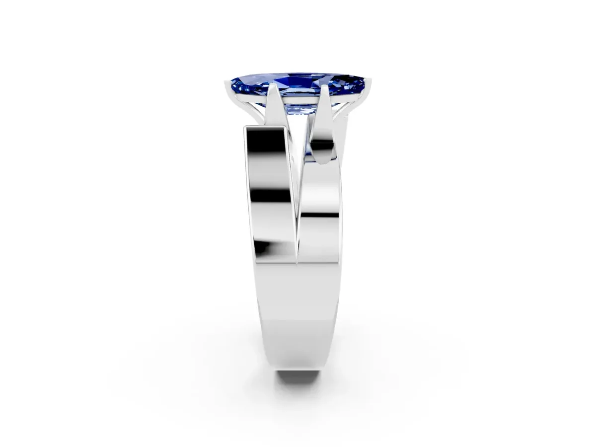 Modern Tension Set Marquise Cut Blue Sapphire Solitaire Wide Band Ring Silver