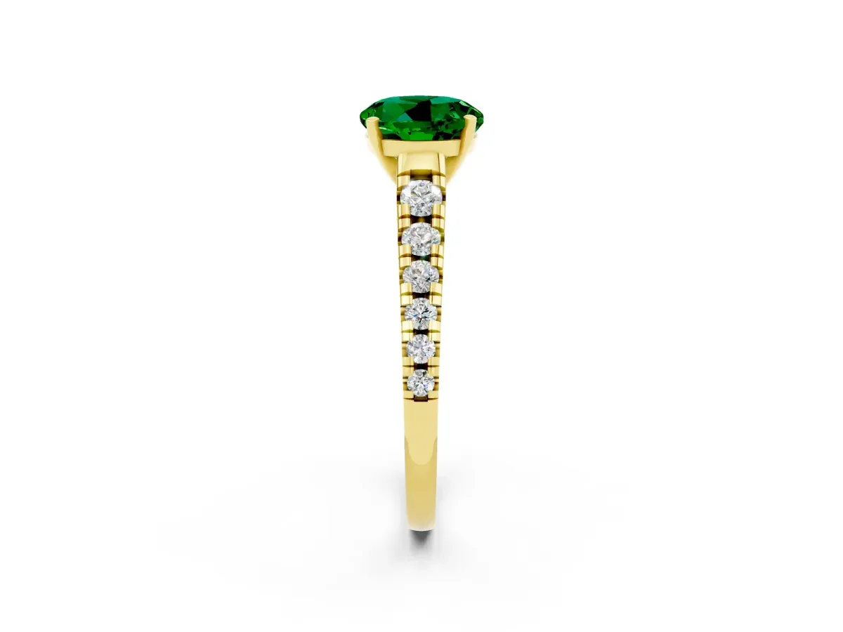 Round Cut Emerald Cathedral Solitaire Ring with Round Pavé Band Yellow gold