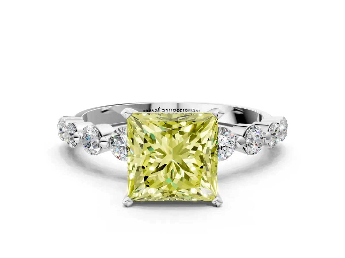 Fancy Yellow Princess Cut Solitaire Diamond Ring with Pave Band and Four-Prong Setting Silver