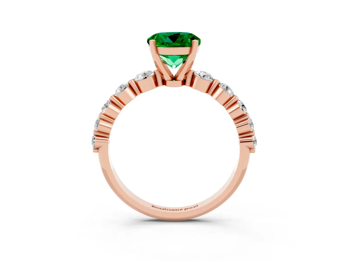Round Cut Solitaire Emerald Ring with Pave Band and Four-Prong Setting Rose gold