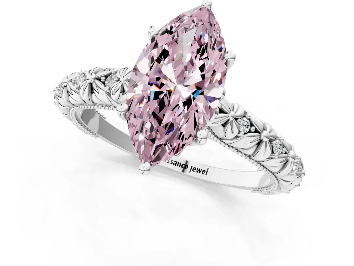Fancy Pink Marquise Cut Solitaire Floral Milgrain Engagement Ring Silver