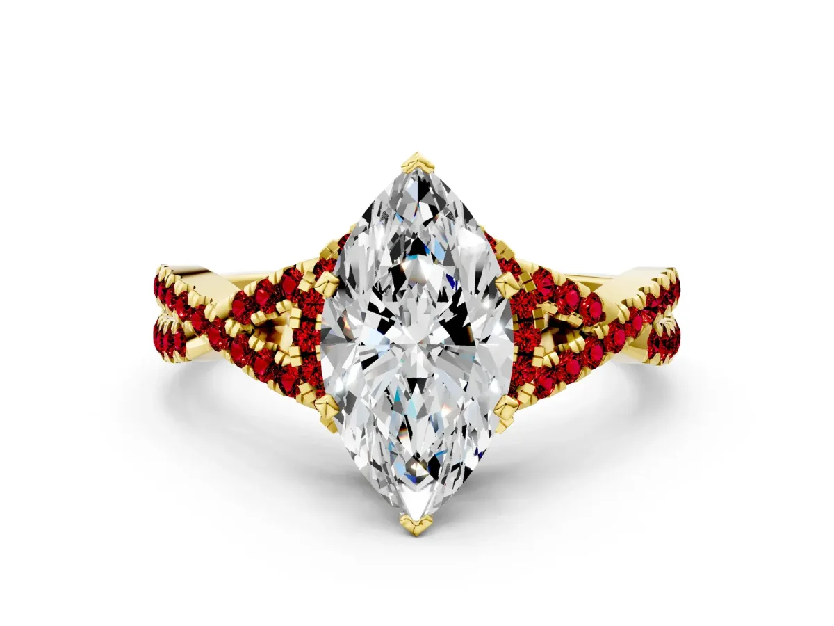 Marquise Cut Diamond Ruby Halo Twist Band Solitaire Prong Setting Ring Yellow gold