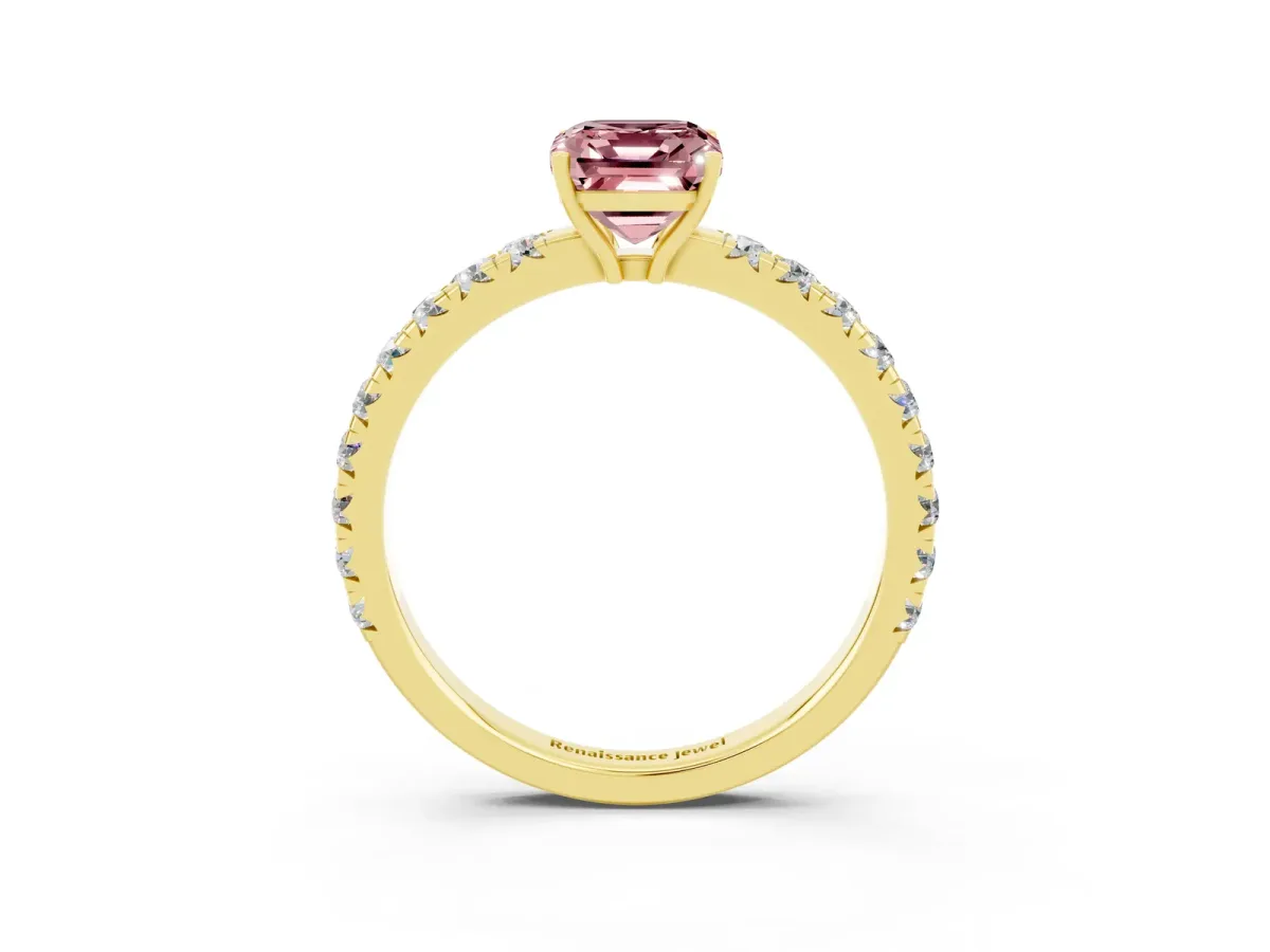 Emerald Cut Morganite Pavé Solitaire Engagement Ring with Four-Prong Setting Yellow gold