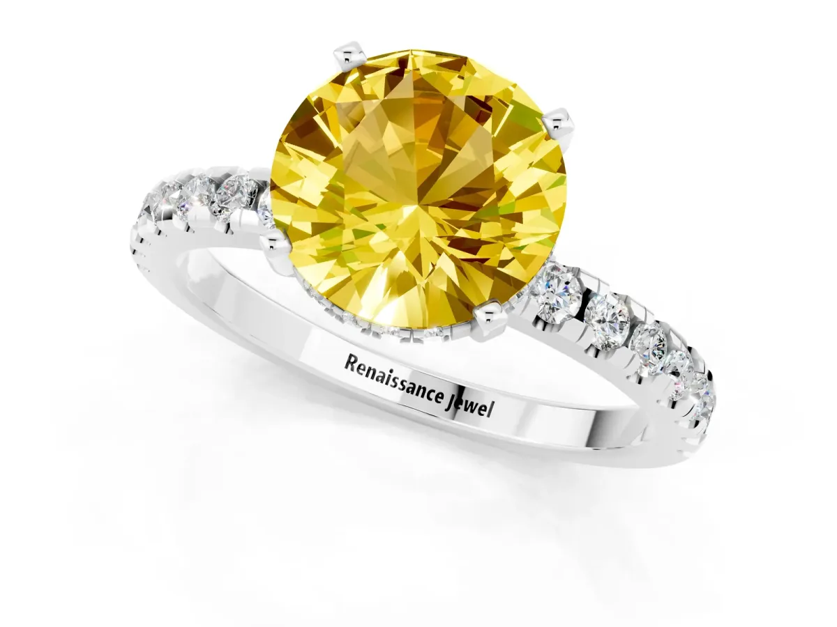 Round Cut Yellow Sapphire Solitaire Ring with Round Pavé Band and Four-Prong Setting Silver