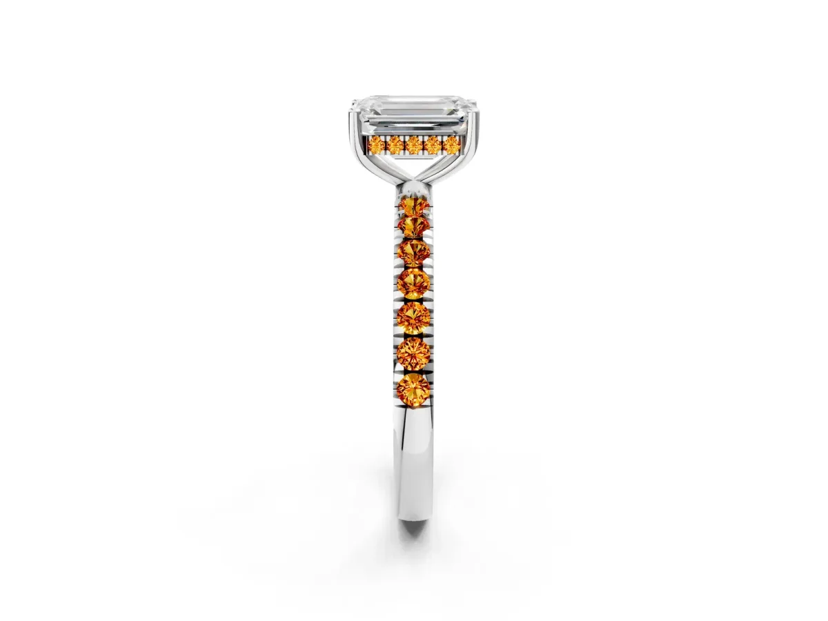 Emerald Cut Diamond Pave Band Solitaire Ring with Round Citrine and Prong Setting Platinum