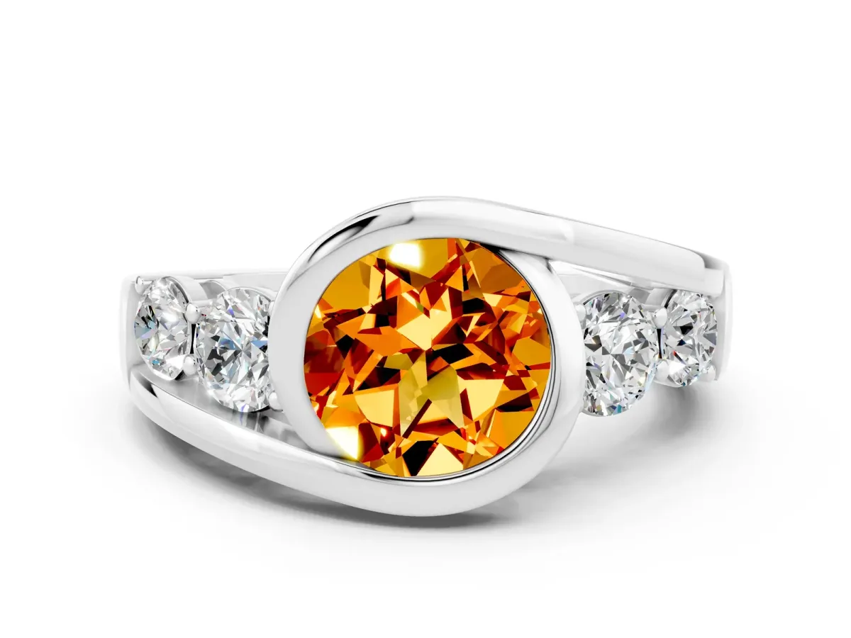 Bezel Set Round Cut Citrine Bypass Ring with Round Accents Silver