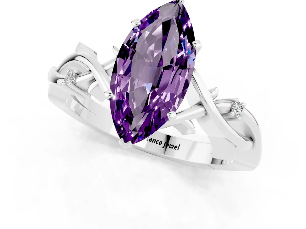 Marquise Cut Amethyst Solitaire Ring with Milgrain Pavé Band and Four-Prong Setting Silver