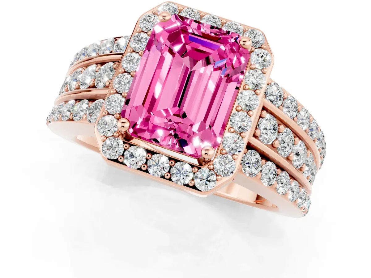 Emerald Cut Halo Pink Sapphire Ring with Round Split Shank and Prong Setting Rose gold