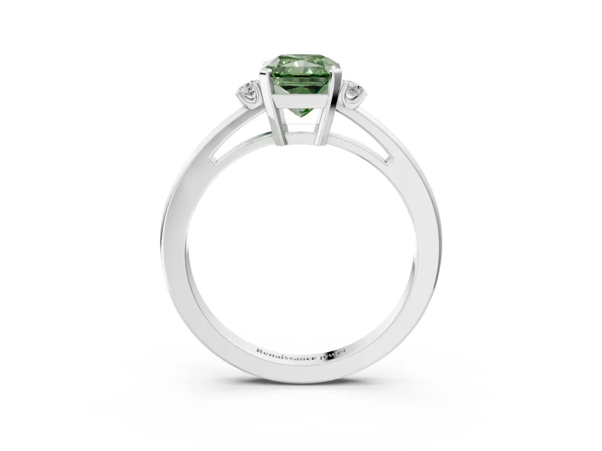 Fancy Green Radiant Cut Cut Three-Stone Solitaire Ring with Round Accent Diamonds and Four-Prong Setting Platinum