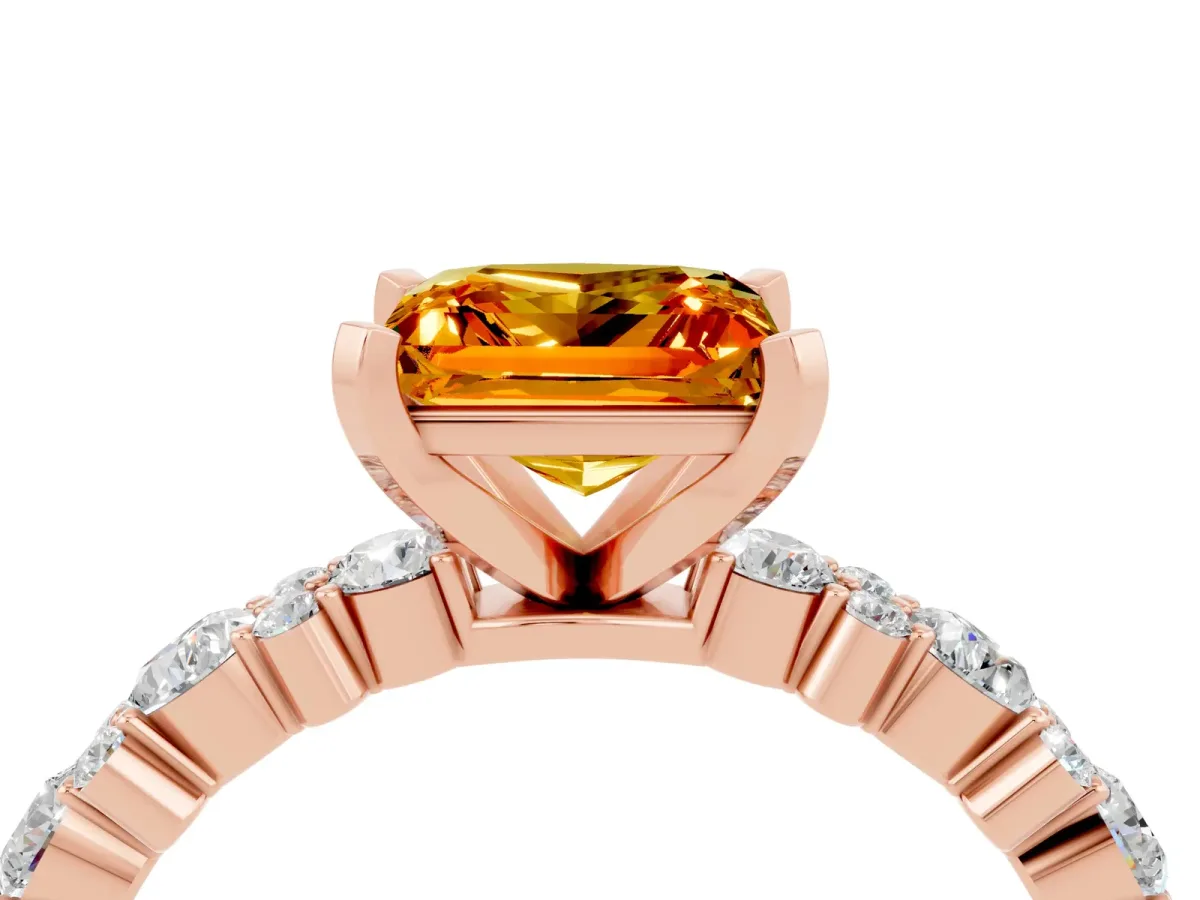 Princess Cut Citrine Side Stone Solitaire Ring with Round and Four-Prong Setting Rose gold