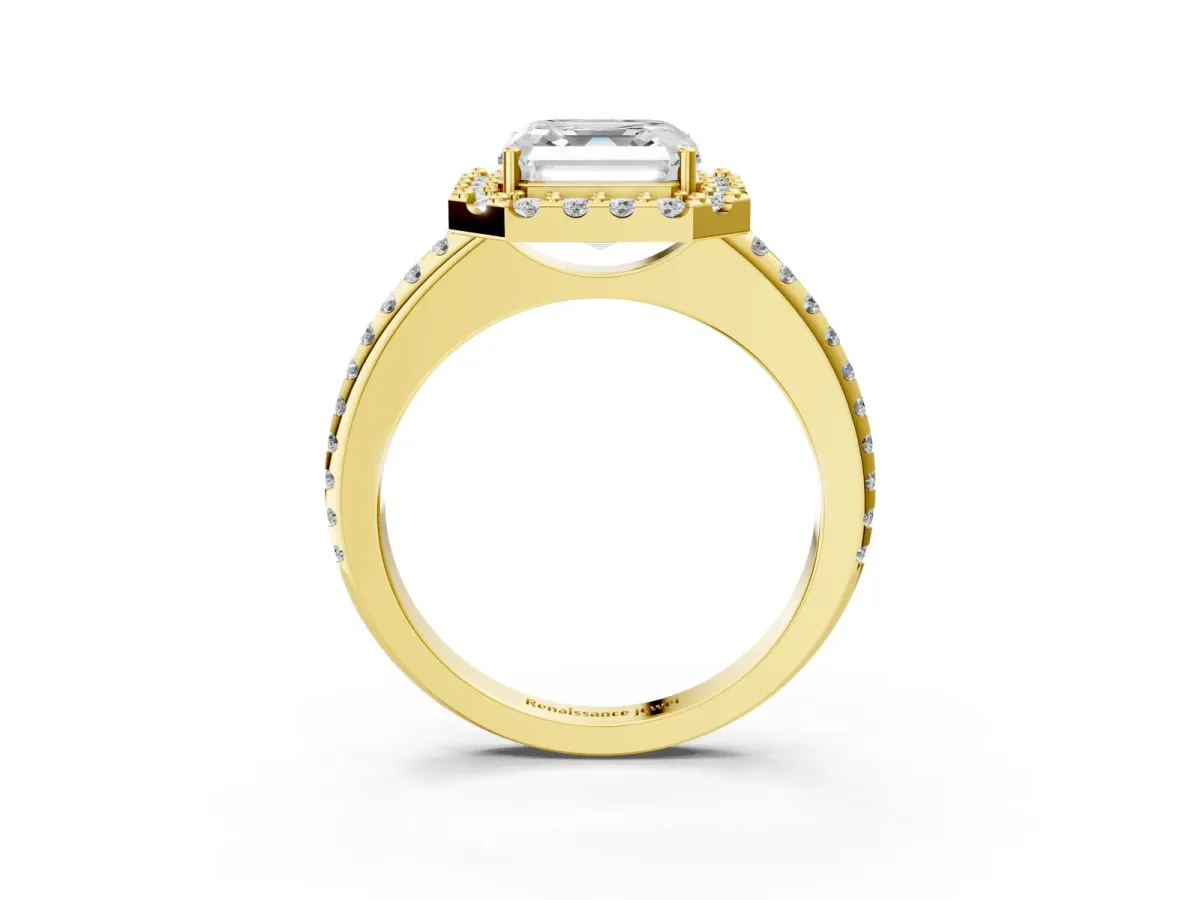 Asscher Cut Diamond Pavé Halo Ring with Four-Prong Setting Yellow gold