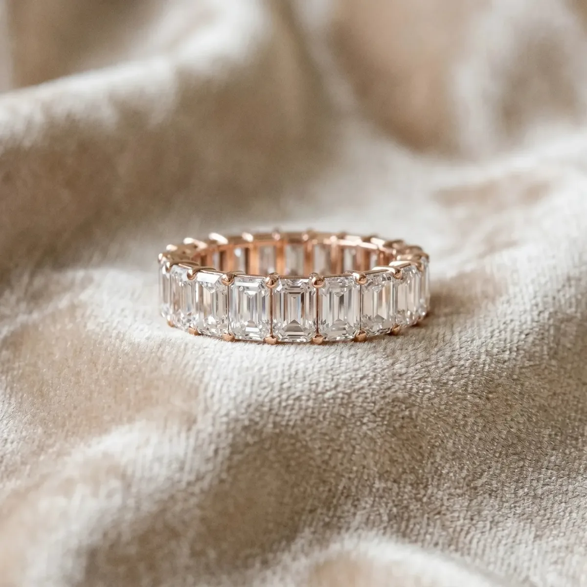 Emerald Cut Diamond Eternity Band with Shared Prong Setting Rose gold