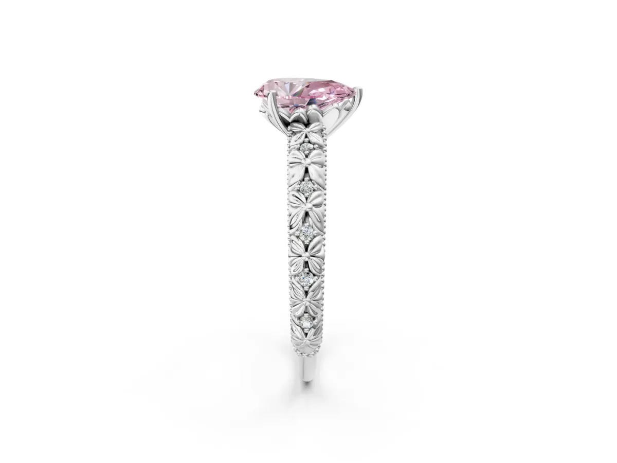 Fancy Pink Pear Cut Solitaire Floral Milgrain Engagement Ring Platinum