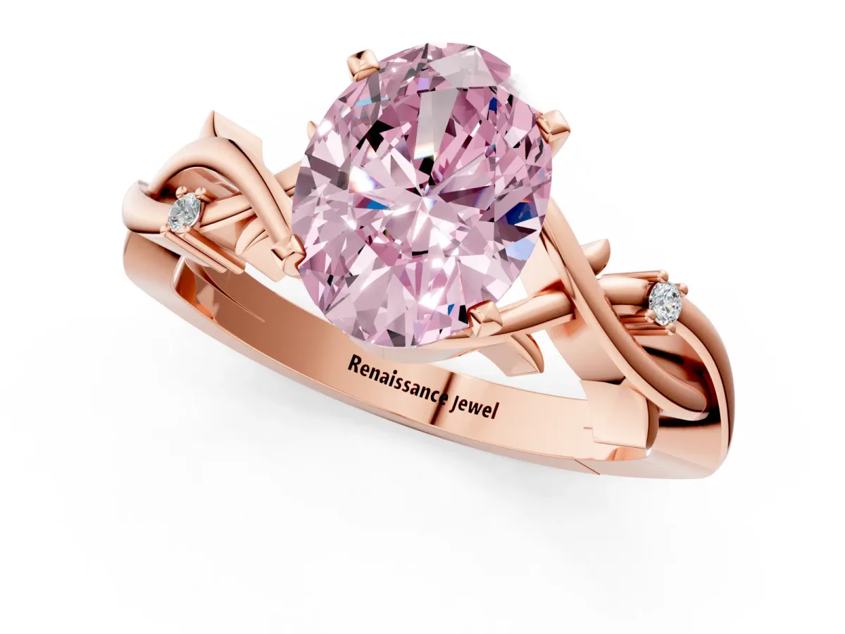 Fancy Pink Oval Cut Diamond Solitaire Ring with Twisted Band and Prong Setting Rose gold