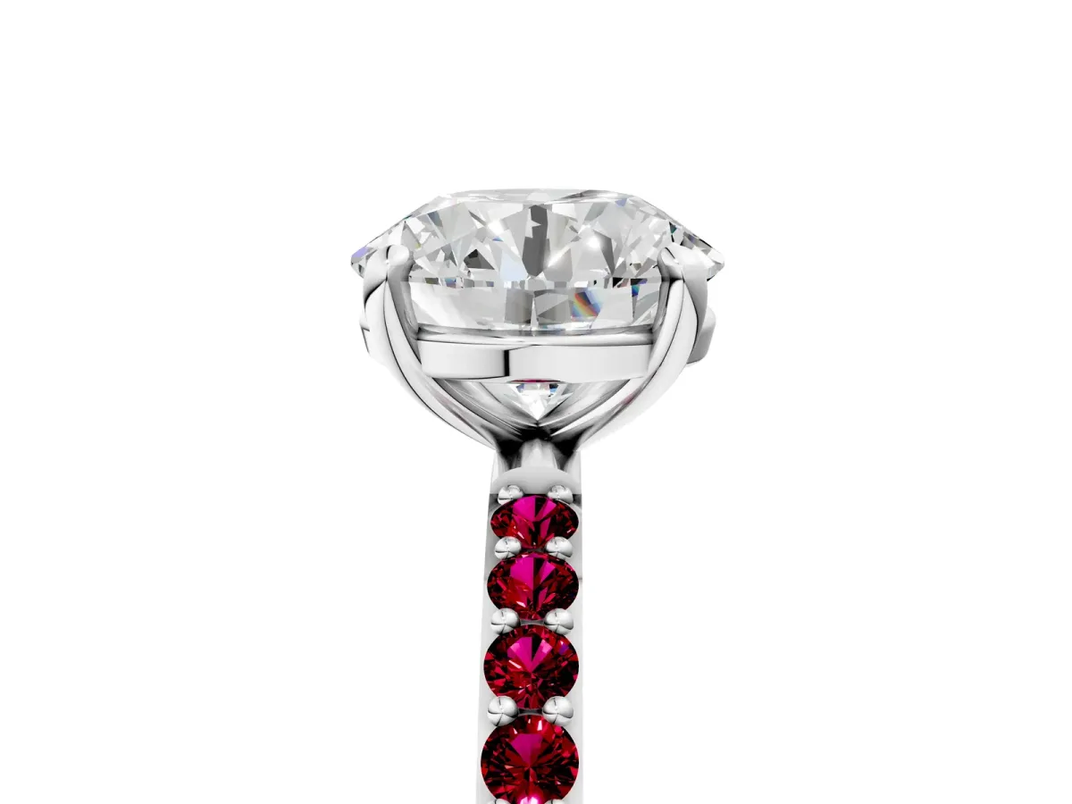Round Cut Diamond Solitaire Ring with Round Garnet Pavé Band and Prong Setting Silver