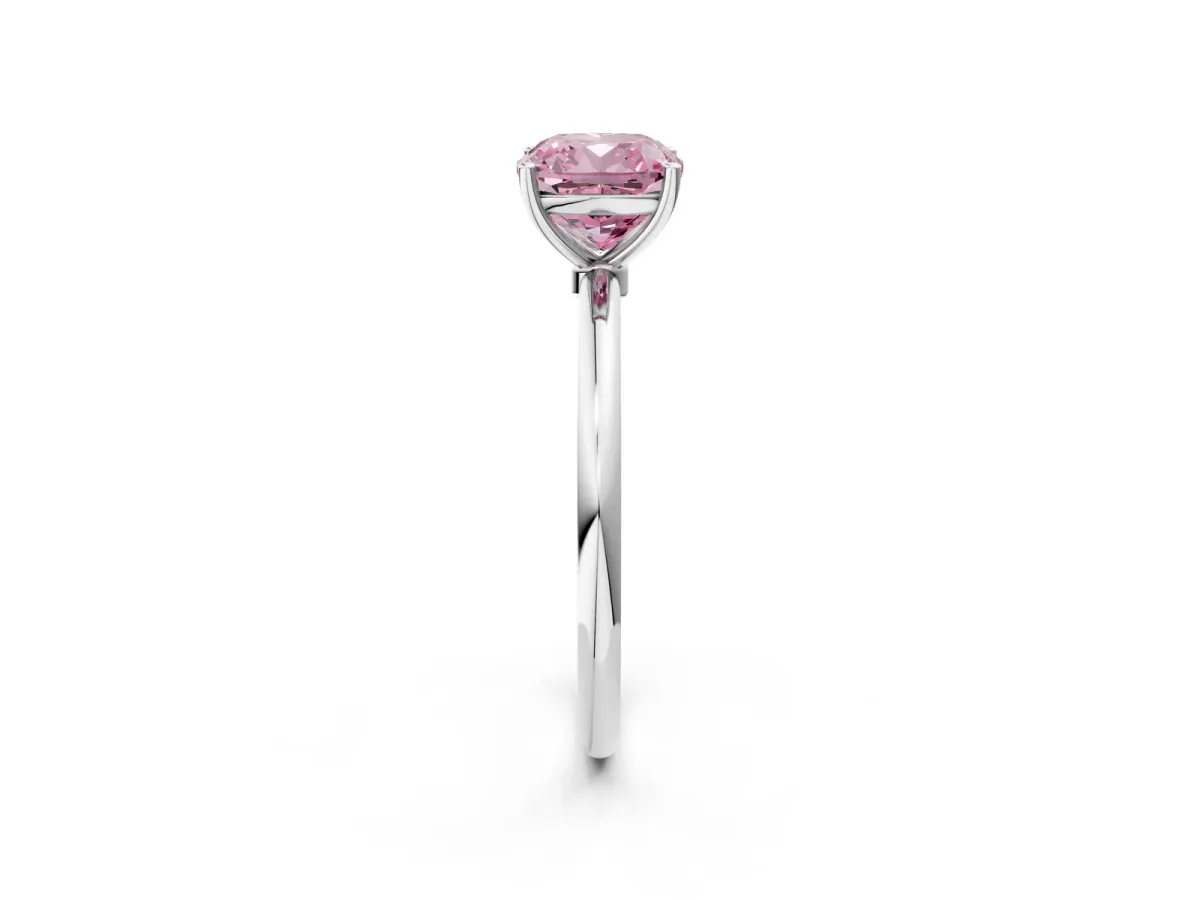 Fancy Pink Cushion Cut Cut Solitaire Engagement Ring with Thin Band and Four-Prong Setting Silver